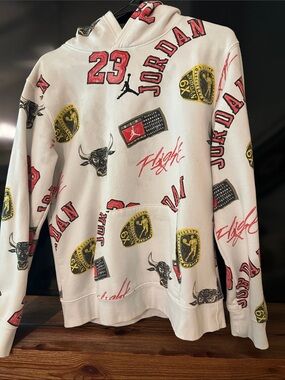 Jordan White Crewneck Hoodie with Red & Yellow Graphics